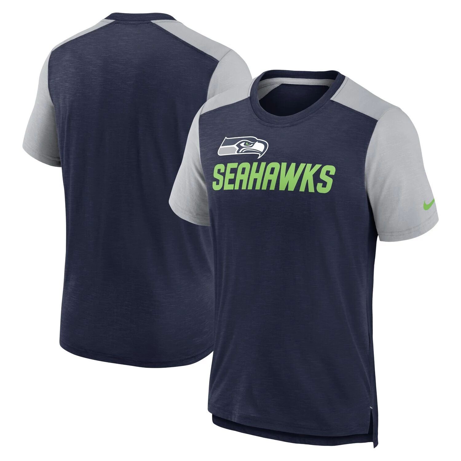 

Мужская футболка Nike Heathered College Navy/Heathered Grey Seattle Seahawks с цветными блоками с названием команды