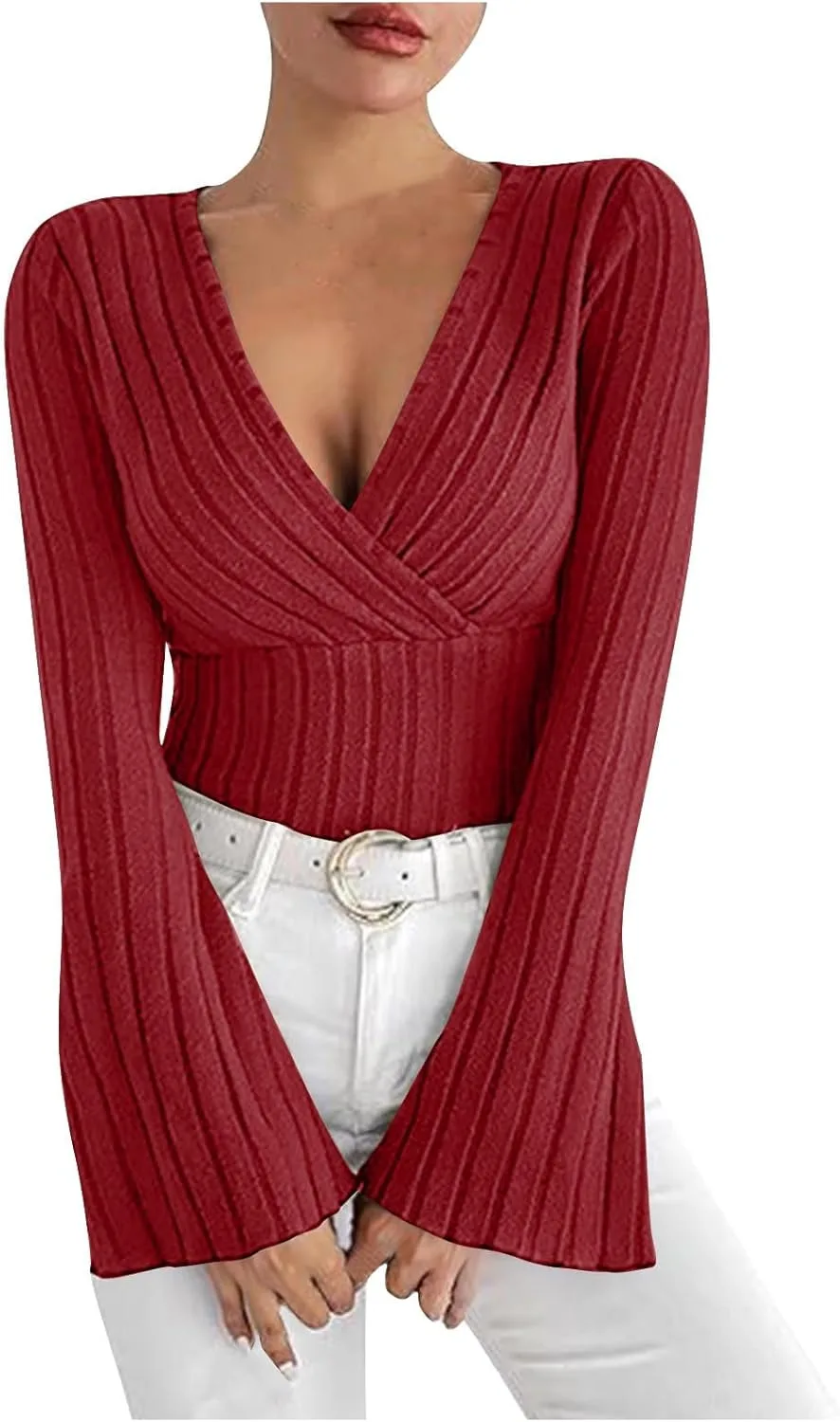 

Женский топ с узлом спереди, длинными рукавами и V-образным вырезом