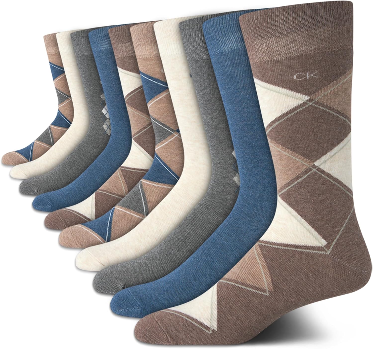 

Мужские носки Calvin Klein под повседневную одежду - 10 пар мягких хлопковых носков для мужчин - классический комфорт, манжеты, смешанный узор, Tan Argyle