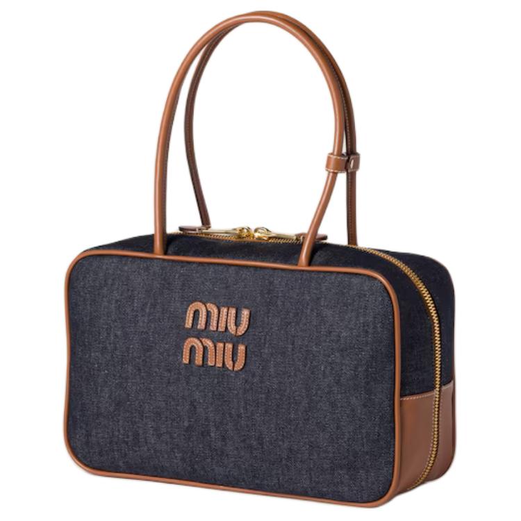 MIU MIU Хлопковая сумка женская синяя и коньячная — фото 3