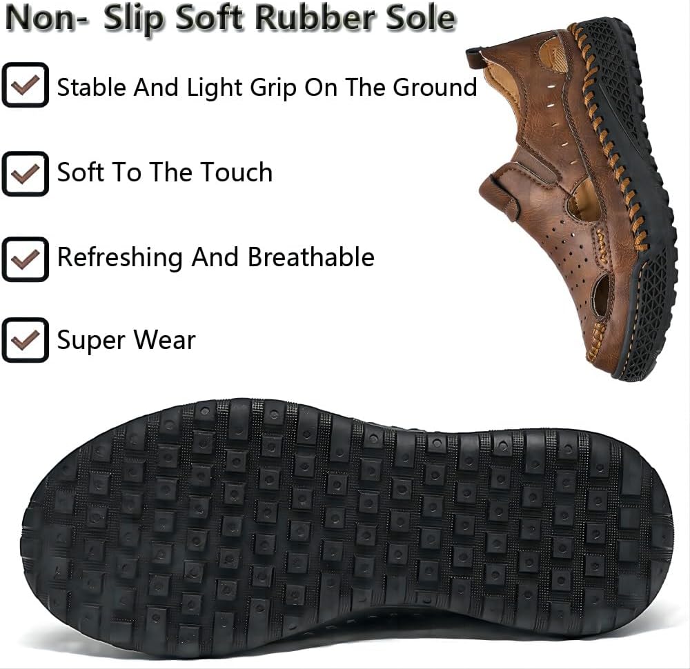 Мужские повседневные кожаные сандалии с вырезами, дышащие, удобные, с закрытым носком, для рыбалки, летние пляжные прогулочные и водные shoes Asifn, хаки — фото 4