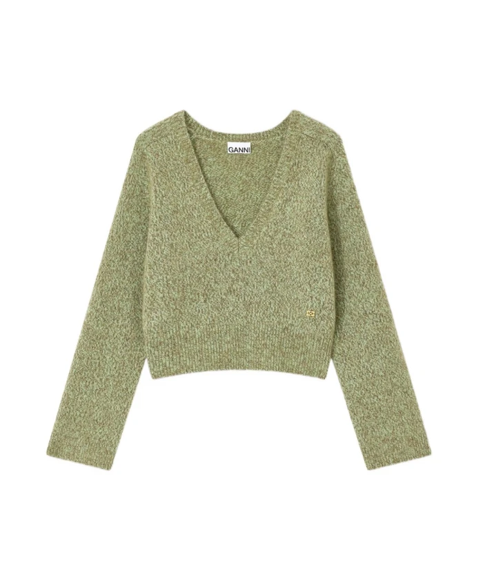 

Свитер с глубоким V-образным вырезом из смесовой мохеровой ткани с начесом Ganni, зеленый