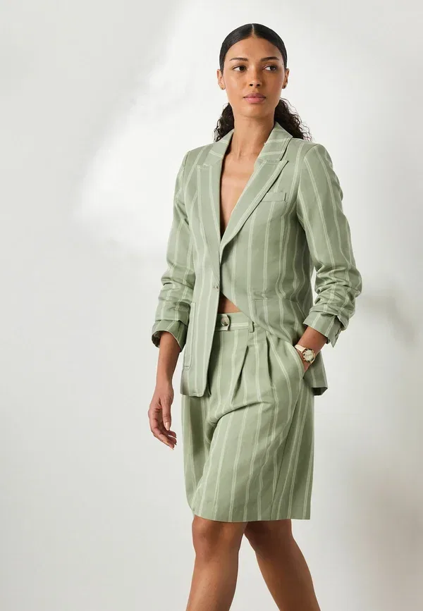 Шорты Next Tall fit n. premium bermuda shorts with linen, зелено-экрю в полоску — фото 4