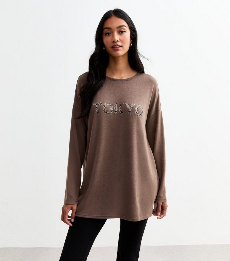 

Коричневый топ с длинными рукавами Soft Touch Tokyo New Look, коричневый