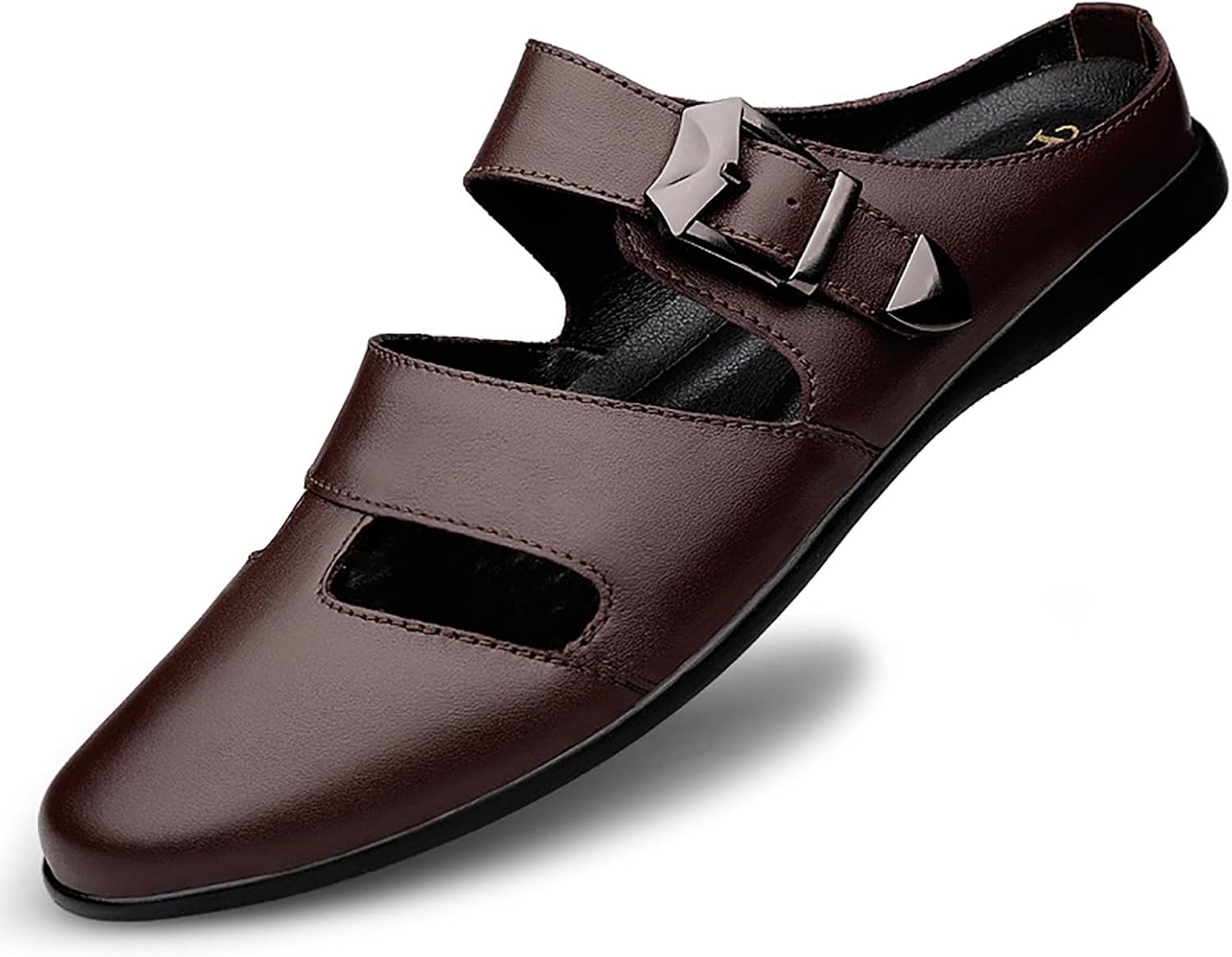 

Мужские сандалии-слипоны из натуральной кожи с открытой спиной, плоской подошвой и регулируемой пряжкой, с закрытым круглым носком, комфортной мягкой подошвой, летние дышащие нескользящие пляжные сандалии 'Fisherman' для улицы Siyake, коричневый