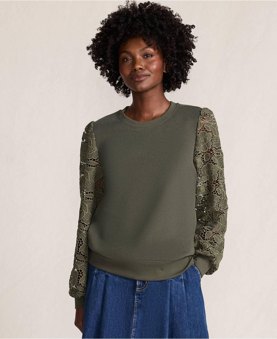 

Женская толстовка Serious Sweats с кружевными рукавами Lands' End, Forest moss