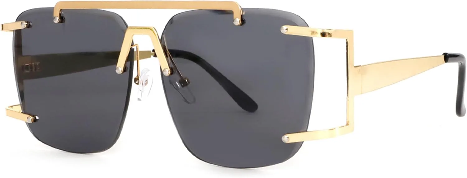 

bullabulling Ретро-солнцезащитные очки-пилот из металла для женщин и мужчин, квадратные, в стиле 70-х, без оправы, с плоской верхней частью, очки-пилот, Gold Black