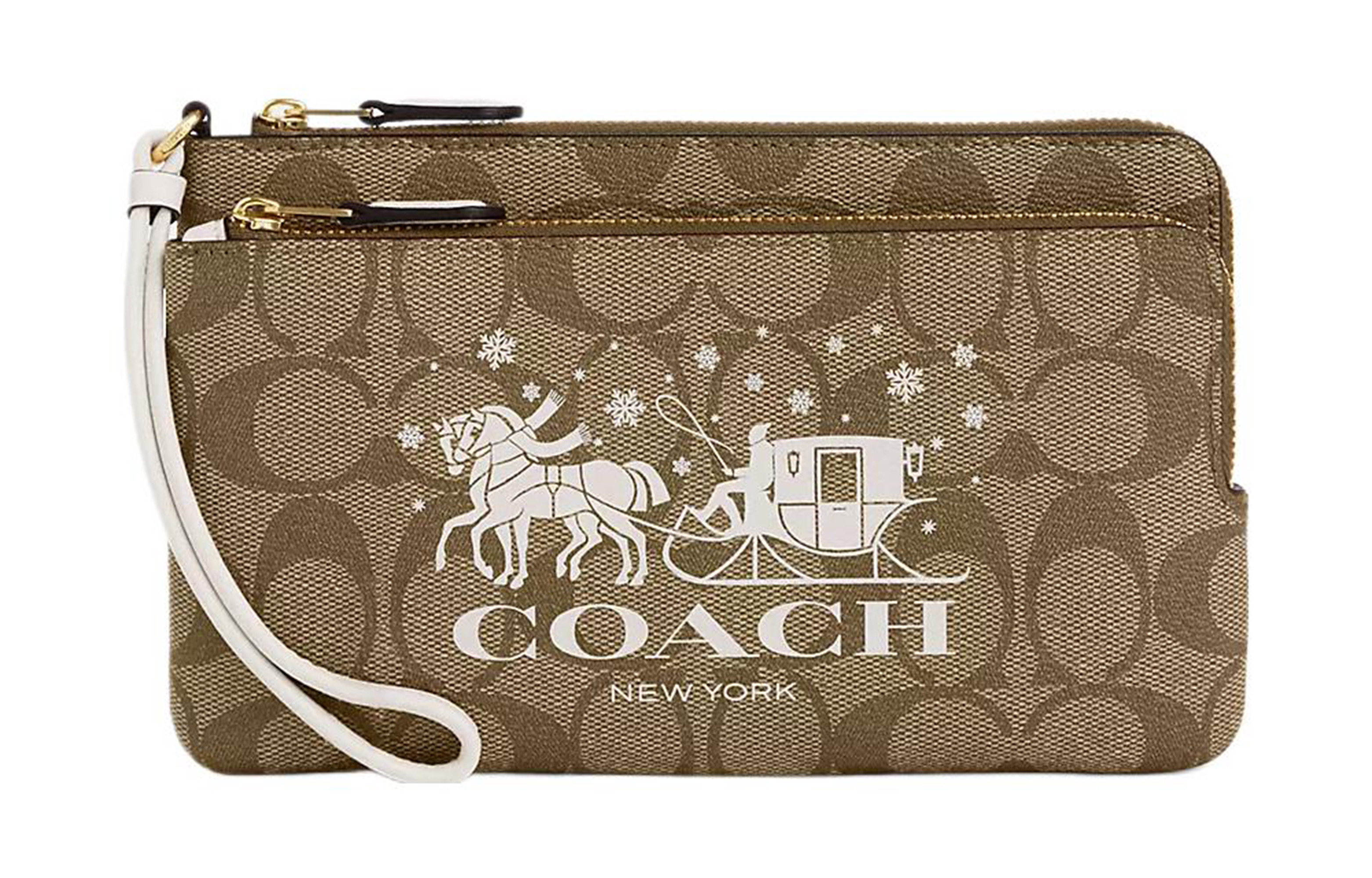 

COACH Двойной кошелек на молнии из холста с кожаным ремешком на запястье маленький клатч для женщин золотой хаки и мел