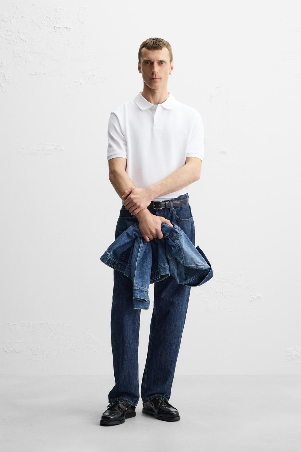 

Застиранная текстурированная рубашка-поло из пике ZARA, белый