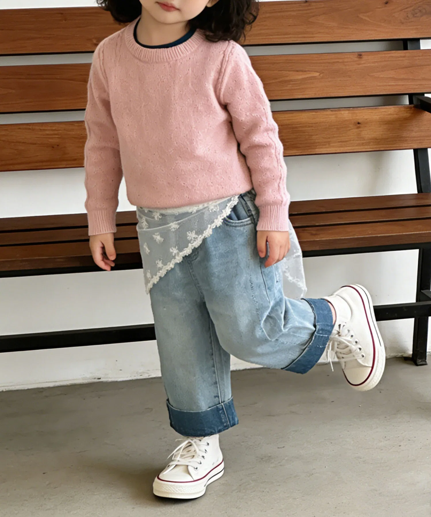 【aimoha-KIDS-】Детские джинсовые брюки с кружевным платком — фото 2