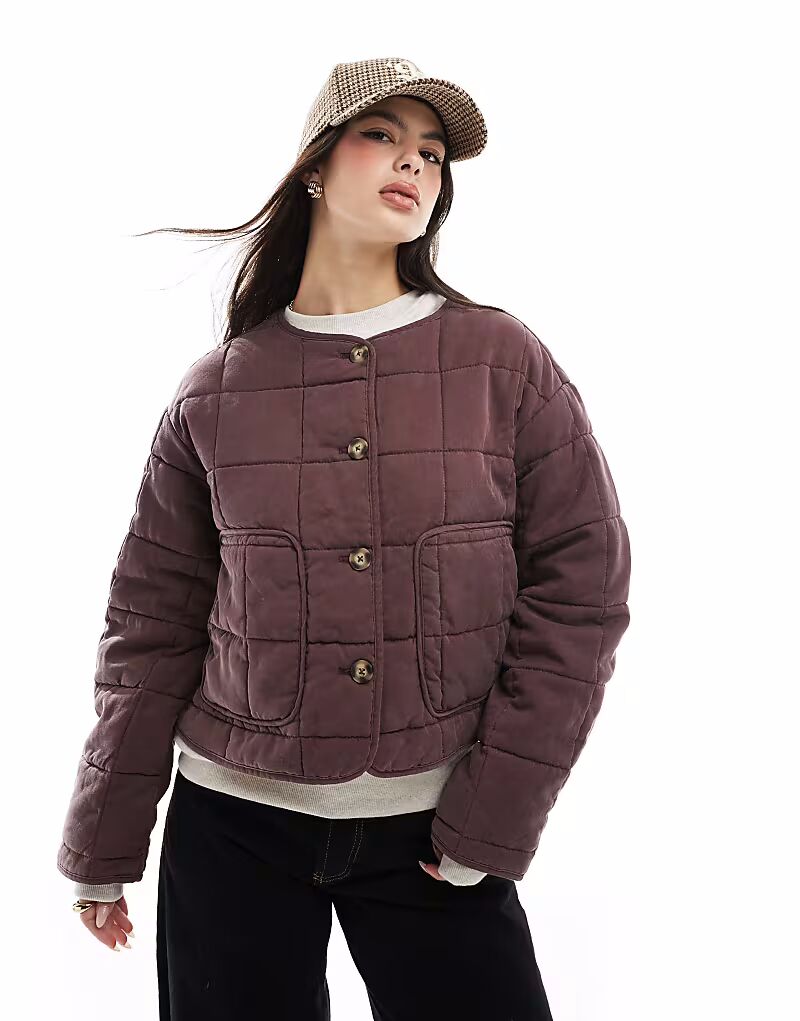 

Укороченная стеганая куртка без воротника ASOS DESIGN шоколадного цвета