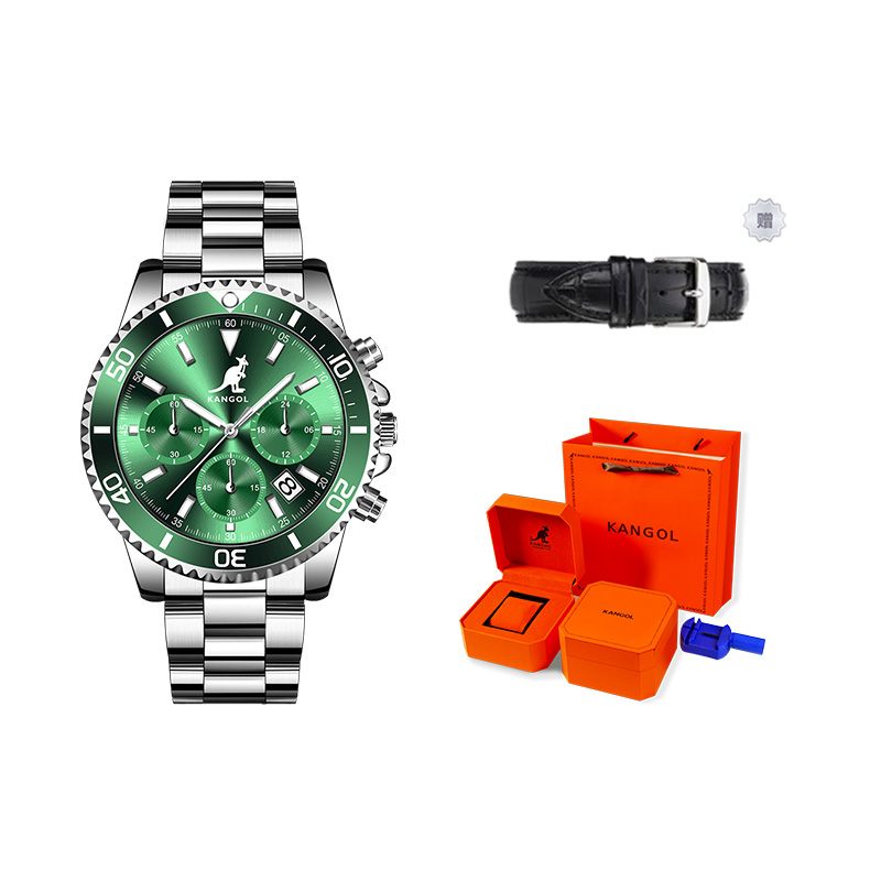 

KANGOL Часы Quartz Movement Stainless Steel Watchband Watch Men's Watch Black Dial, Silver Case Green Dial "Wear A Different Watch Every Day"