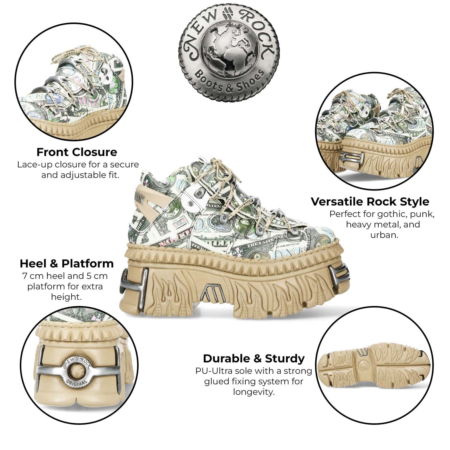 New Rock M-106WALL-C49 Кожаные ботинки на платформе с принтом доллара, Dollar — фото 2