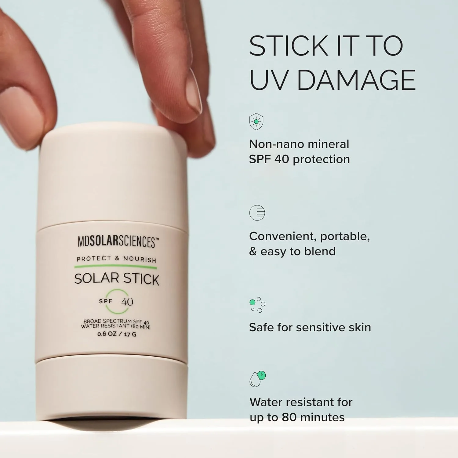 MDSolarSciences Solar Stick SPF 40 - водостойкий минеральный солнцезащитный стик с широким спектром защиты, цинк оксид, 17 г 17.01 г (1 шт.), Mineral Sunscreen — фото 4