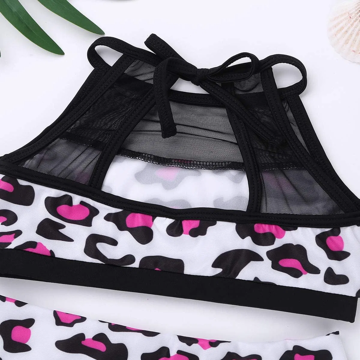 Детский спортивный комплект из топа и шорт, FEESHOW, Rose Leopard, размеры 6-14 — фото 4