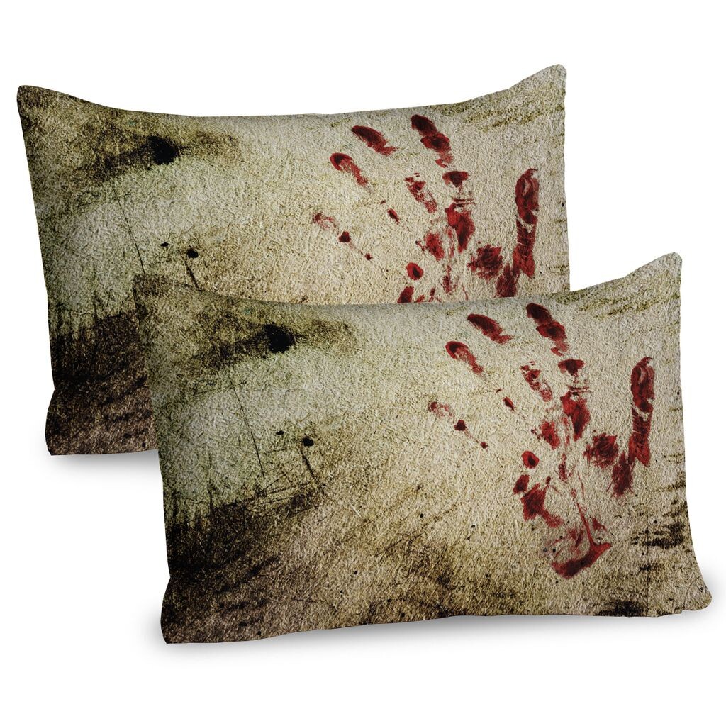 

ABAKUHAUS Horror House Набор чехлов для подушек, 2 шт., Dirty Dirt Wall с принтом кровавых рук, Cloudy Palm Traces, принт с изображением жертв насилия, чехол для подушки с декоративным принтом, 80 x 40 см, красный бежевый