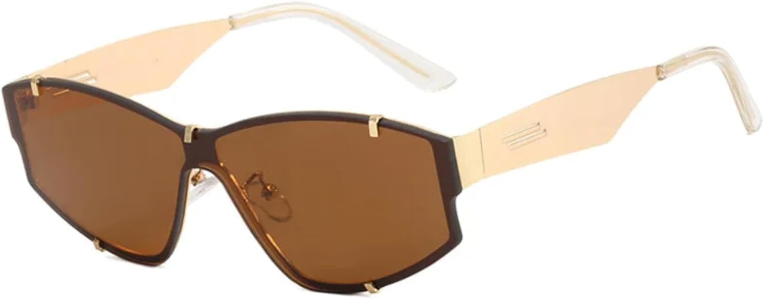 

Ретро-солнцезащитные очки без оправы для женщин, модные, с цельными линзами, черные, с защитой от УФ-излучения UV400, для мужчин, роскошные, металлические VFDHN, Gold-brown