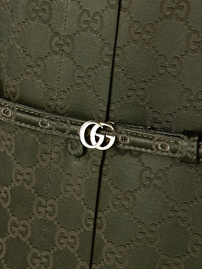 Миди-платье-рубашка GUCCI, из атласного жаккарда с поясом, хаки — фото 4