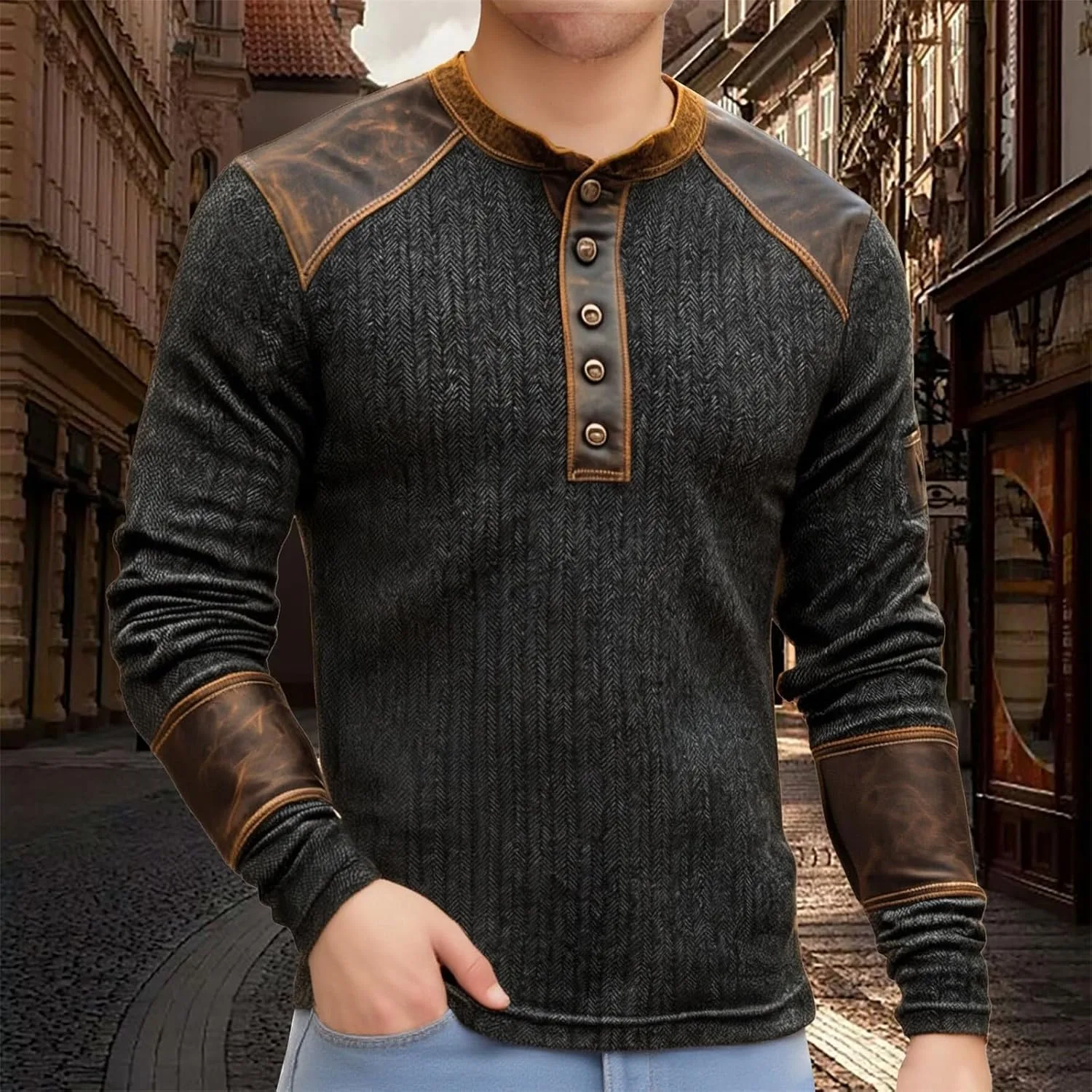 Мужская потертая рубашка-хенли с длинным рукавом, термобелье, casual, slim fit, легкая, 5 пуговиц — фото 2