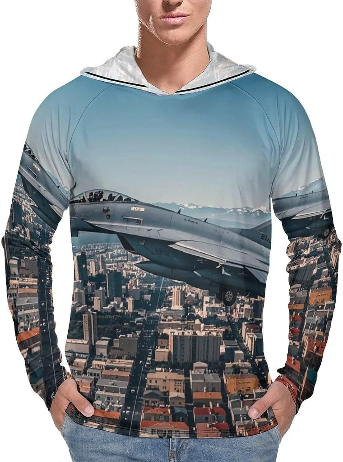 

Мужская толстовка с капюшоном UPF 50+ для защиты от солнца, с длинным рукавом и принтом Fighter Jets Fly Over Cities FHESDCW