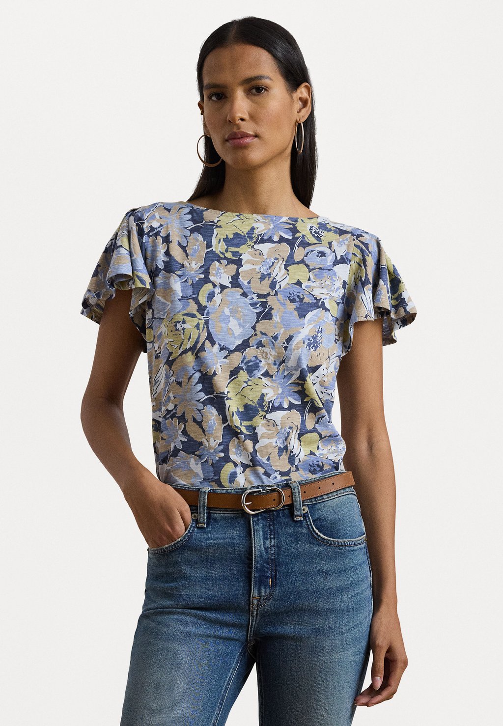 

Футболка с принтом FLORAL SLUB JERSEY FLUTTER SLEEVE TOP Lauren Ralph Lauren, синий