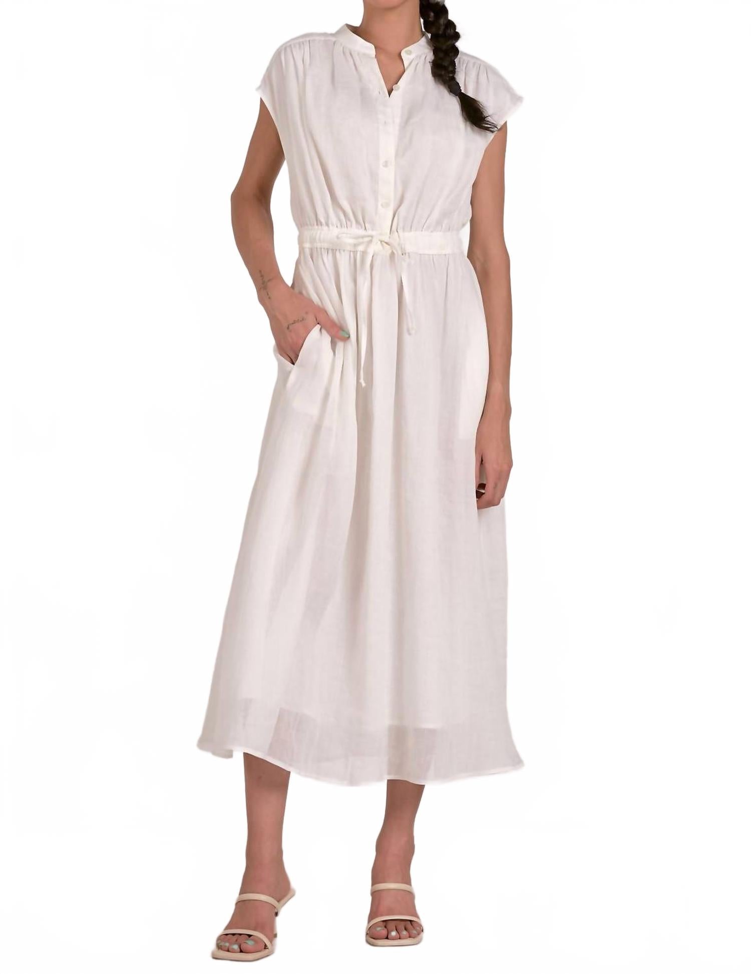 

Белое платье миди с короткими рукавами и завязкой на талии ELAN