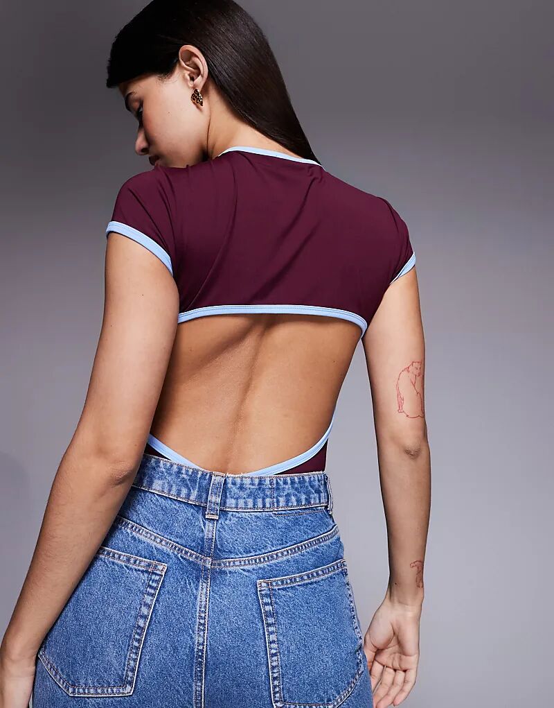 

Боди ASOS DESIGN из полиамида с открытой спиной, ягодного цвета, с синей контрастной окантовкой