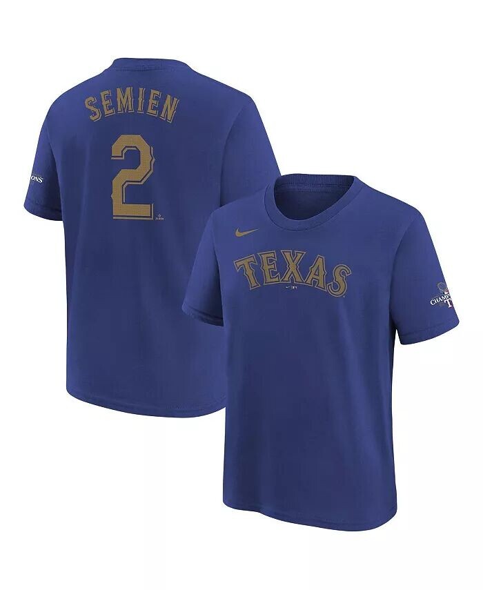 

Синяя футболка Marcus Semien Texas Rangers Gold Collection для мальчиков и девочек с именем и номером Nike, синий