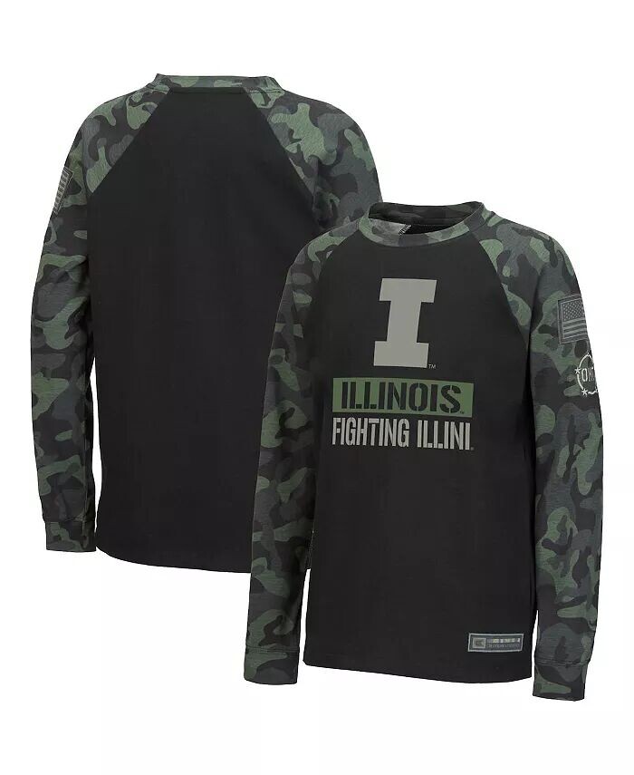 

Черная футболка с камуфляжным принтом Big Boys Illinois Fighting Illini OHT в стиле милитари с надписью реглан и длинными рукавами Colosseum