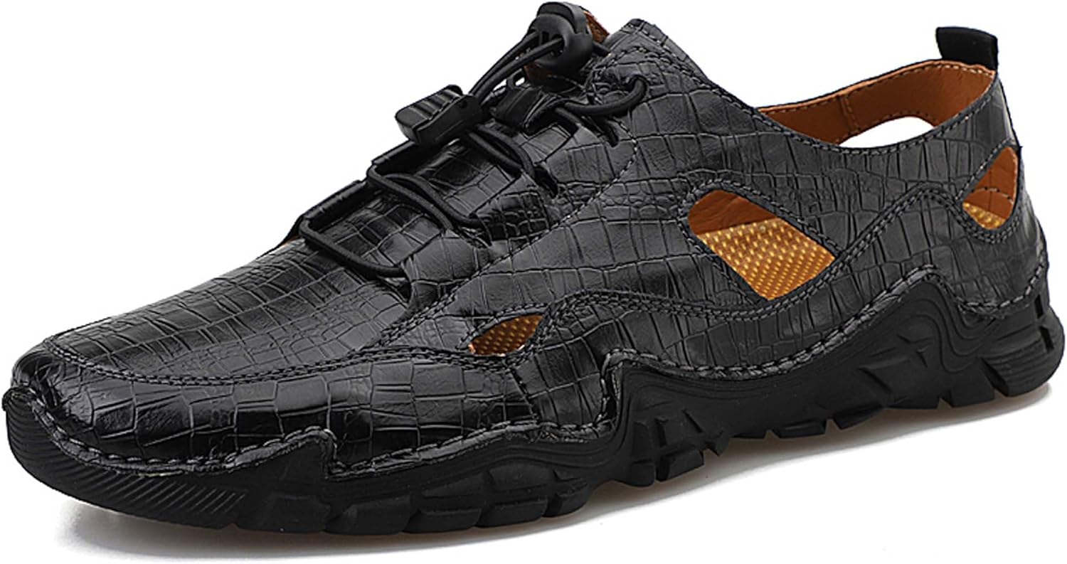 

Мужские летние сандалии с закрытым носком большого размера, повседневные кожаные с вырезами, для походов, рыбалки, пляжа, подходят для отдыха на природе, путешествий и работы Generic, черный