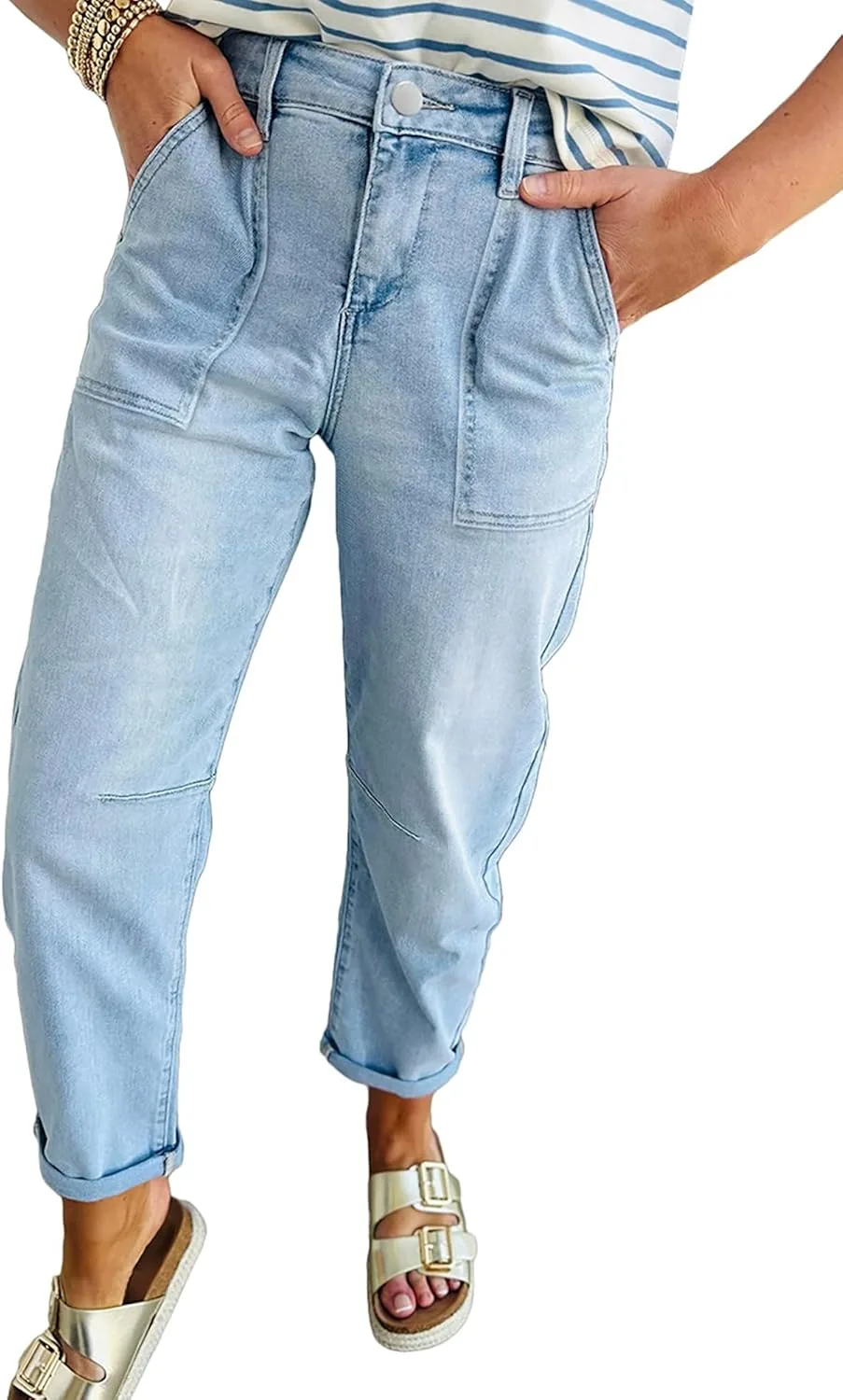 

Женские джинсы Barrel Straight Leg с высокой посадкой и эластичным подгибом QLAUYIOE