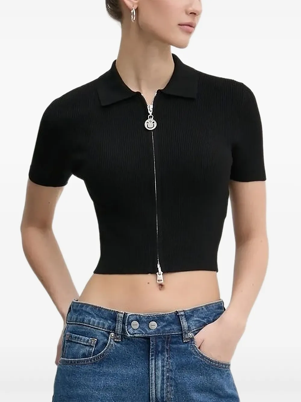 

Ребристый трикотажный топ с застежкой-молнией спереди HUGO, черный