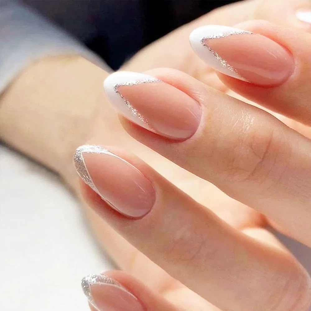 Набор из 24 накладных ногтей с французским белым кружевом Zdhsoy, Sparkly Silver Trim