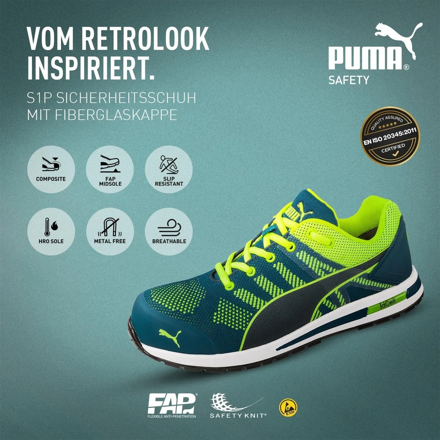 Защитные низкие рабочие кроссовки Puma Safety Elevate Knit Low Work Shoe Safety Shoe S1P ESD HRO SRC с защитным колпачком из стекловолокна, нескользящая поверхность, термостойкие, без металлических вставок, мужские, синий/зеленый — фото 2