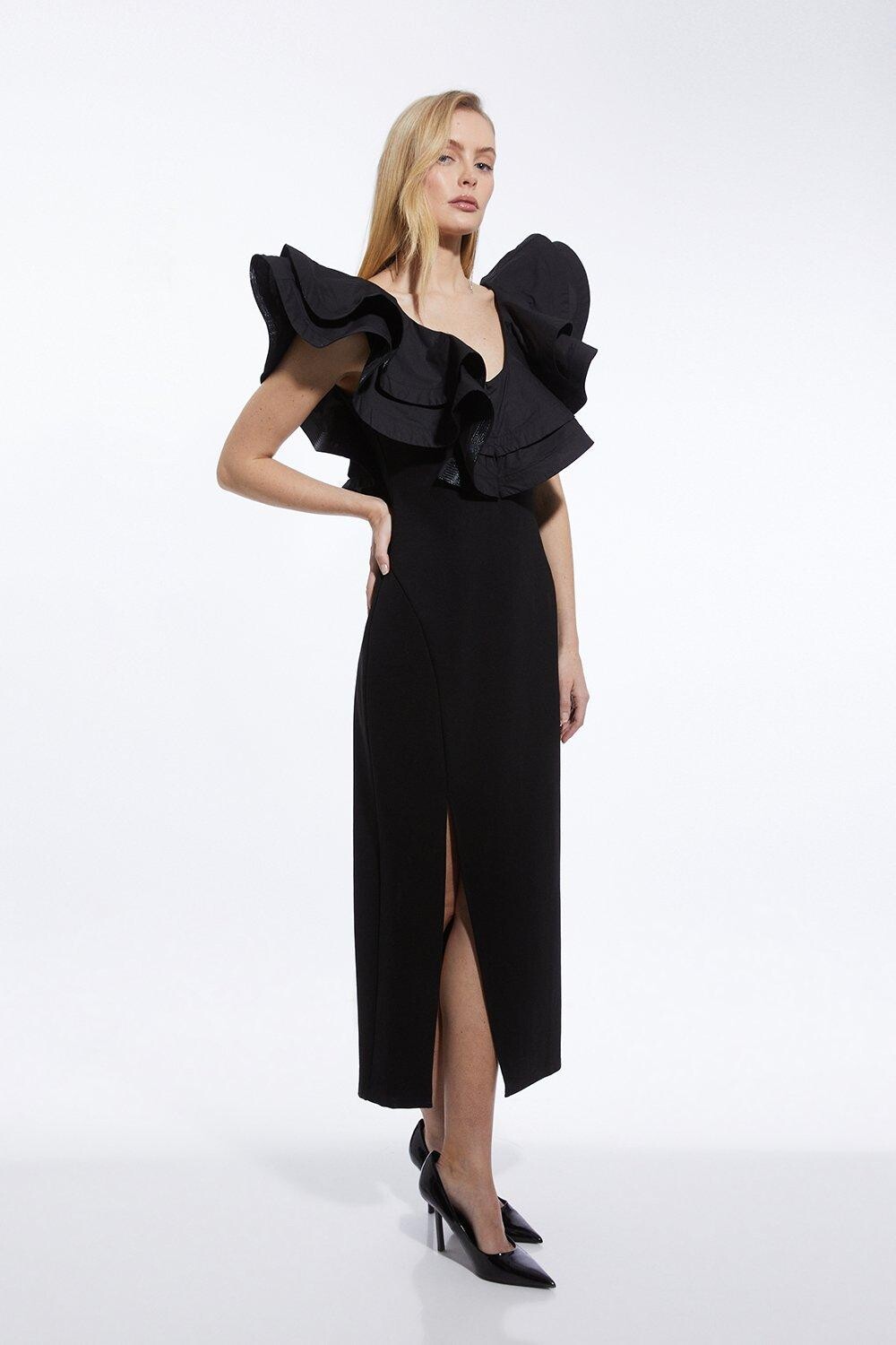 

Платье макси из понте и хлопкового джерси с разрезом по бокам Petite Karen Millen, черный