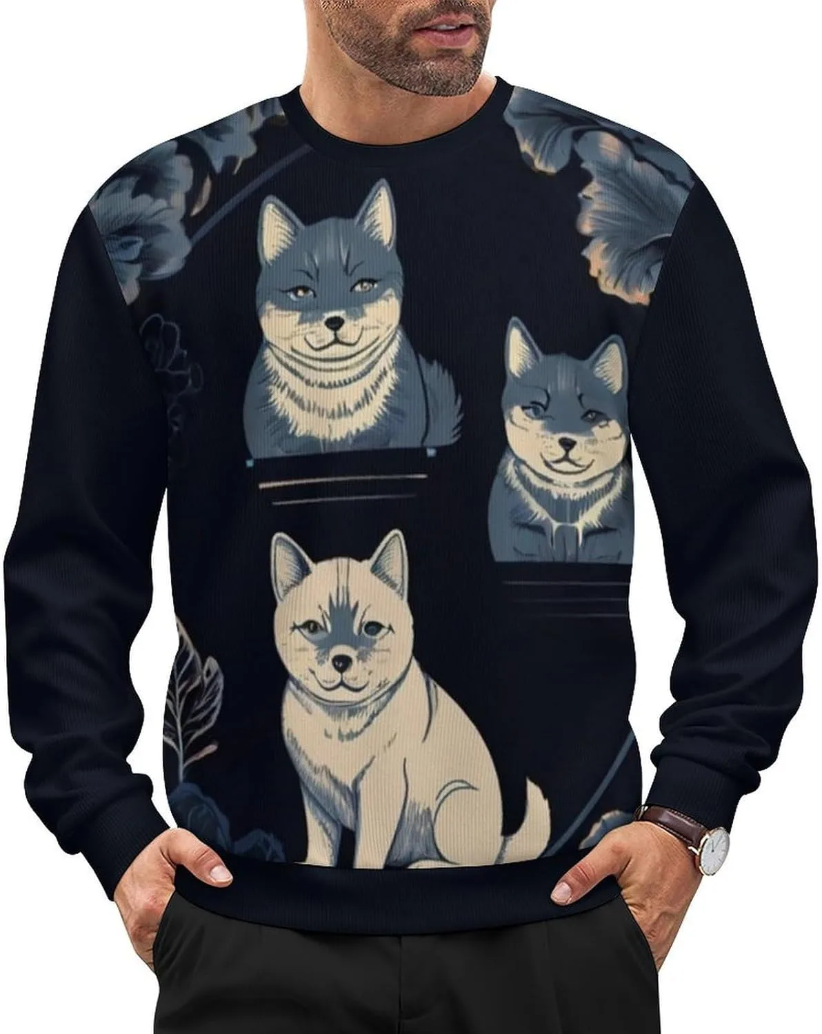 

Мужской свитер с животным принтом, свободный, с длинными рукавами и круглым вырезом HLSDFRES