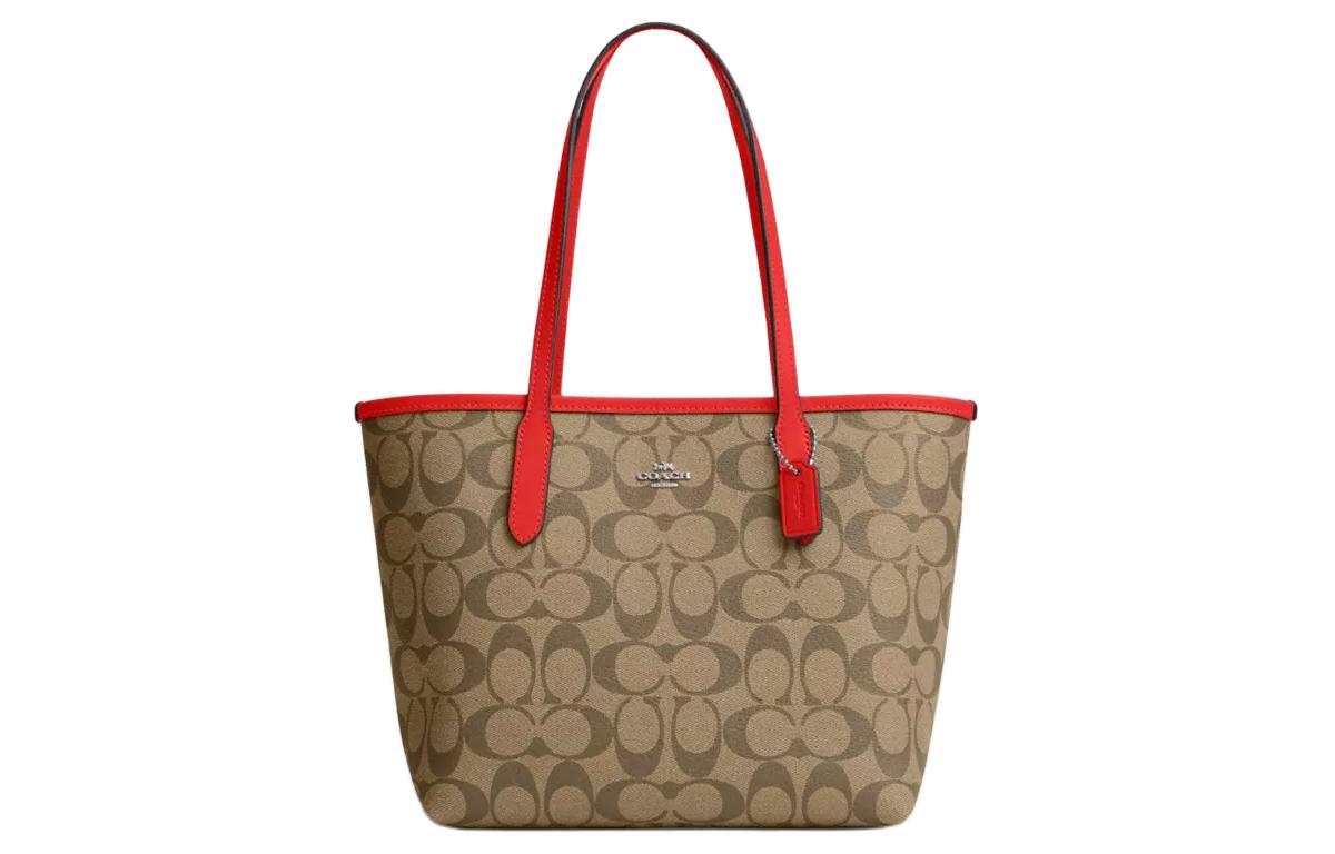 

COACH Сумка-шоппер City Canvas с кожаной сумкой-шоппером, дамской сумкой, сумкой на плечо, мини-сумка для женщин, цвета серебристый, хаки и красный майами