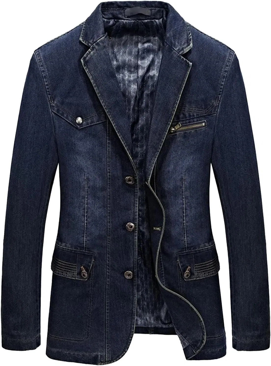 Мужская джинсовая куртка с тремя пуговицами Slim Fit лацкан блейзер спортивный пиджак винтаж джинсовый костюм Generic, темно-синий