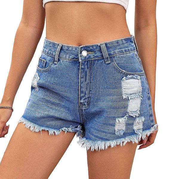 

Женские джинсовые шорты с высокой талией, потертостями, бахромой и карманами на пуговицах Clearflower, Dark Blue