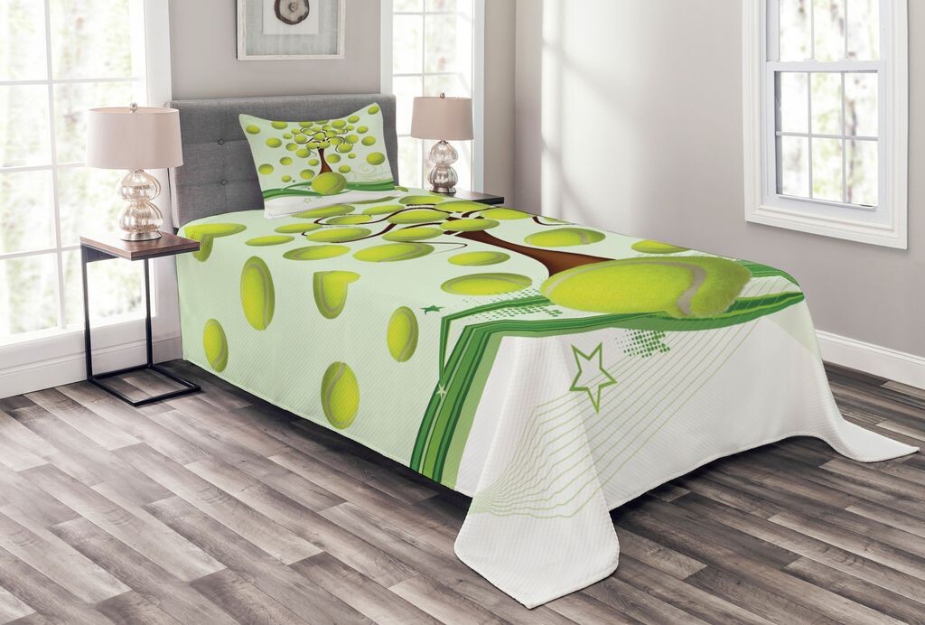 

ABAKUHAUS Комплект покрывала для тенниса, рисунок теннисных мячей, комплект с наволочками, моющийся, для односпальных кроватей 170 х 220 см, светло-зеленый, коричневый, белый