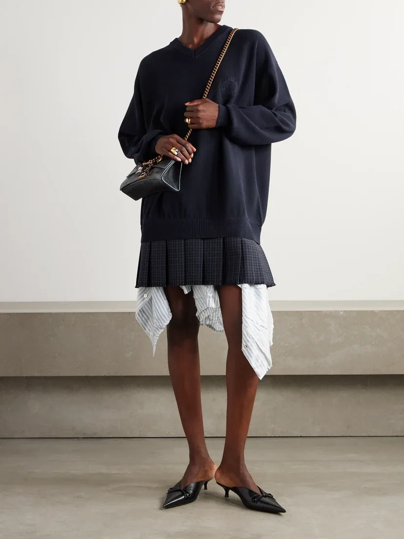 Многослойное мини-платье из хлопка с вышивкой и отделкой из шерсти BALENCIAGA, синий — фото 2
