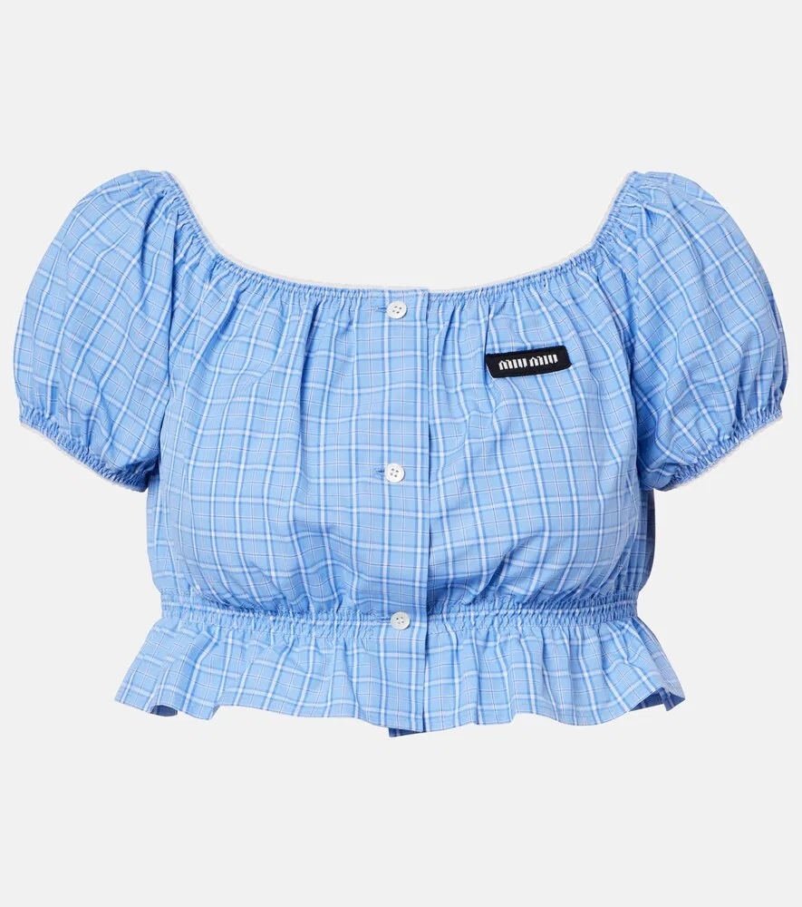 Укороченный топ из клетчатого хлопкового поплина Miu Miu, синий
