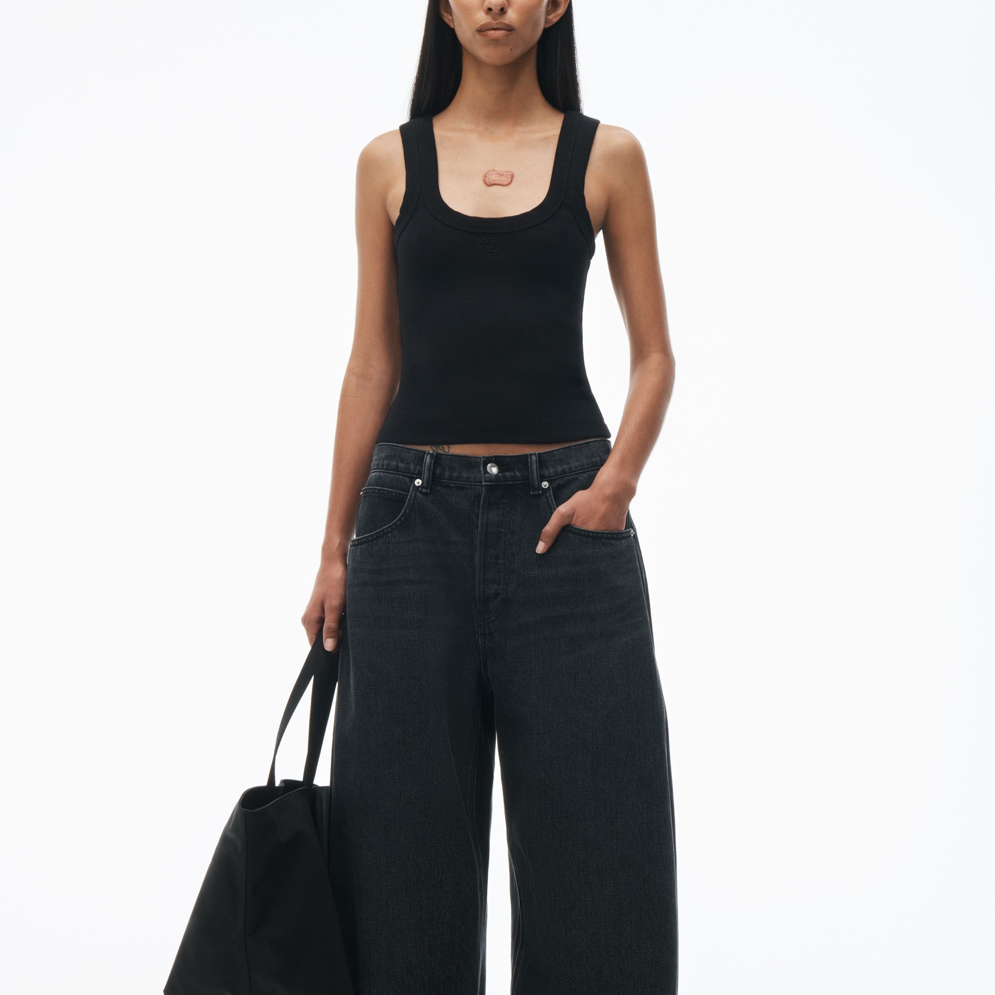Логотип с тиснением тонкий ребристый топ Alexander Wang, черный — фото 4