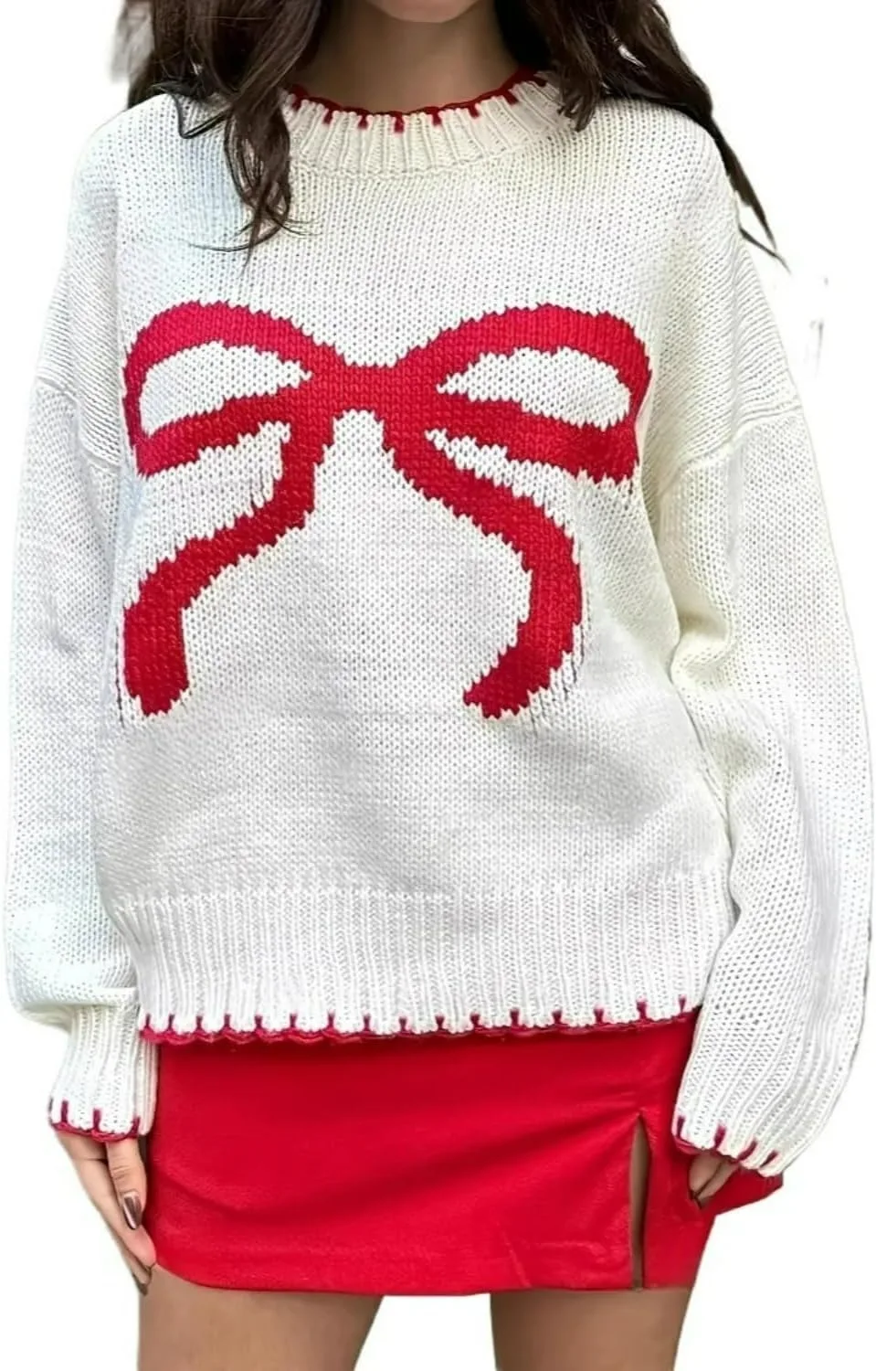 

PanoraCirq свитер с белым бантом, вязаный, с ребристым узором, круглый вырез, длинный рукав PanoraCirqi