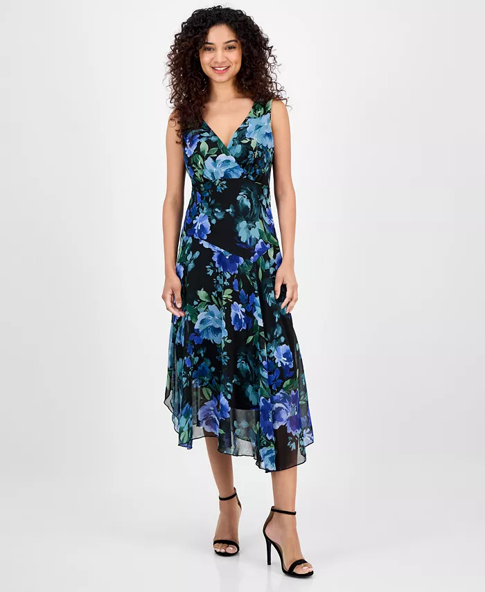 

Женское платье с цветочным принтом и подолом-платком Connected, синий