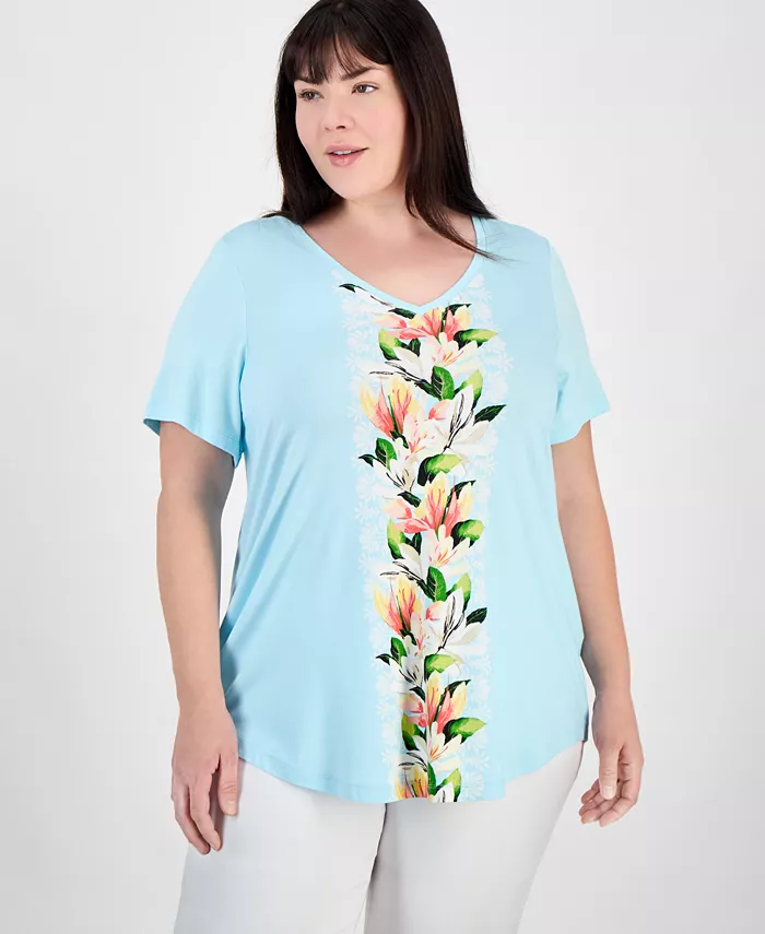 

Топ с V-образным вырезом и короткими рукавами больших размеров JM Collection, синий