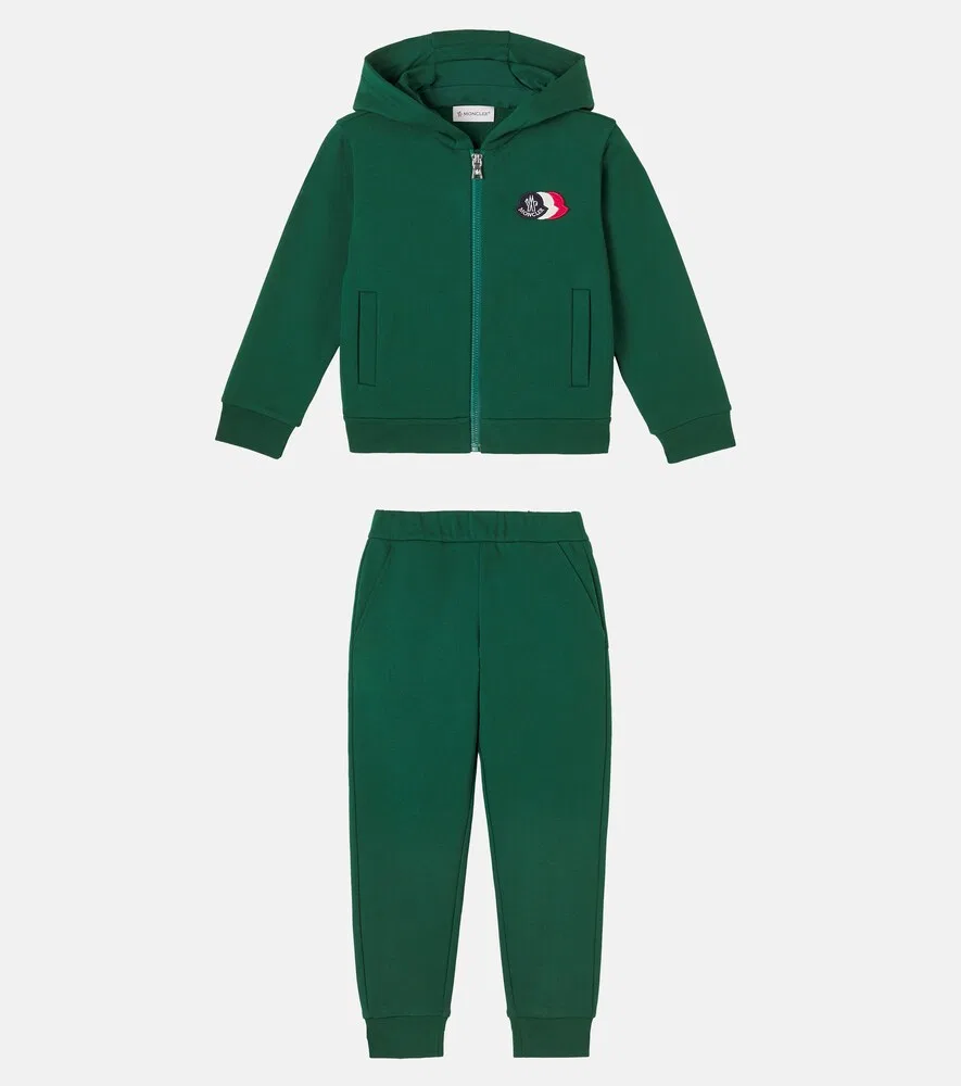 Комплект из хлопковой флиса: худи и спортивные штаны Moncler Enfant, зеленый — фото 4