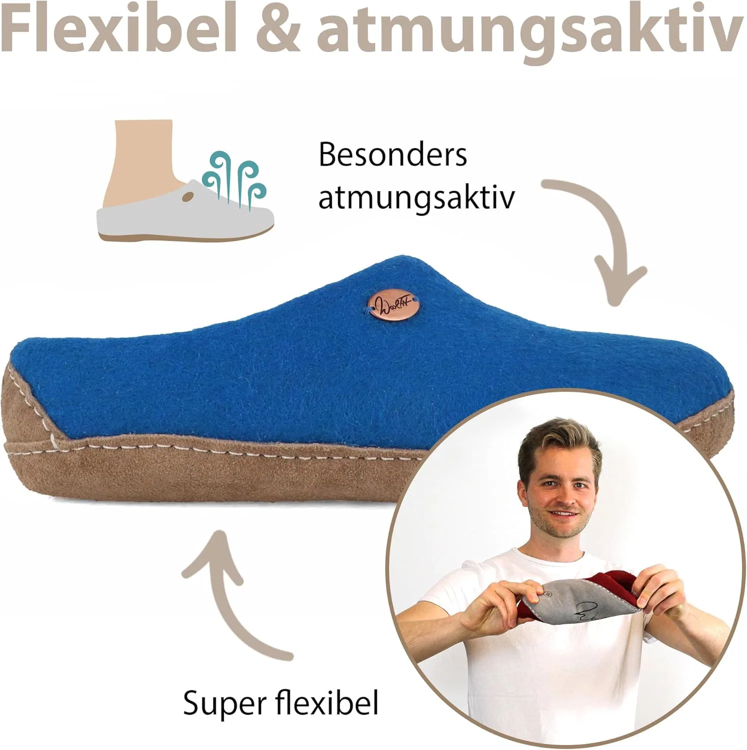 Войлочные тапочки Footprint Barefoot унисекс с кожаной подошвой, изготовлены из 100% шерсти, экологично WoolFit, Blue — фото 2