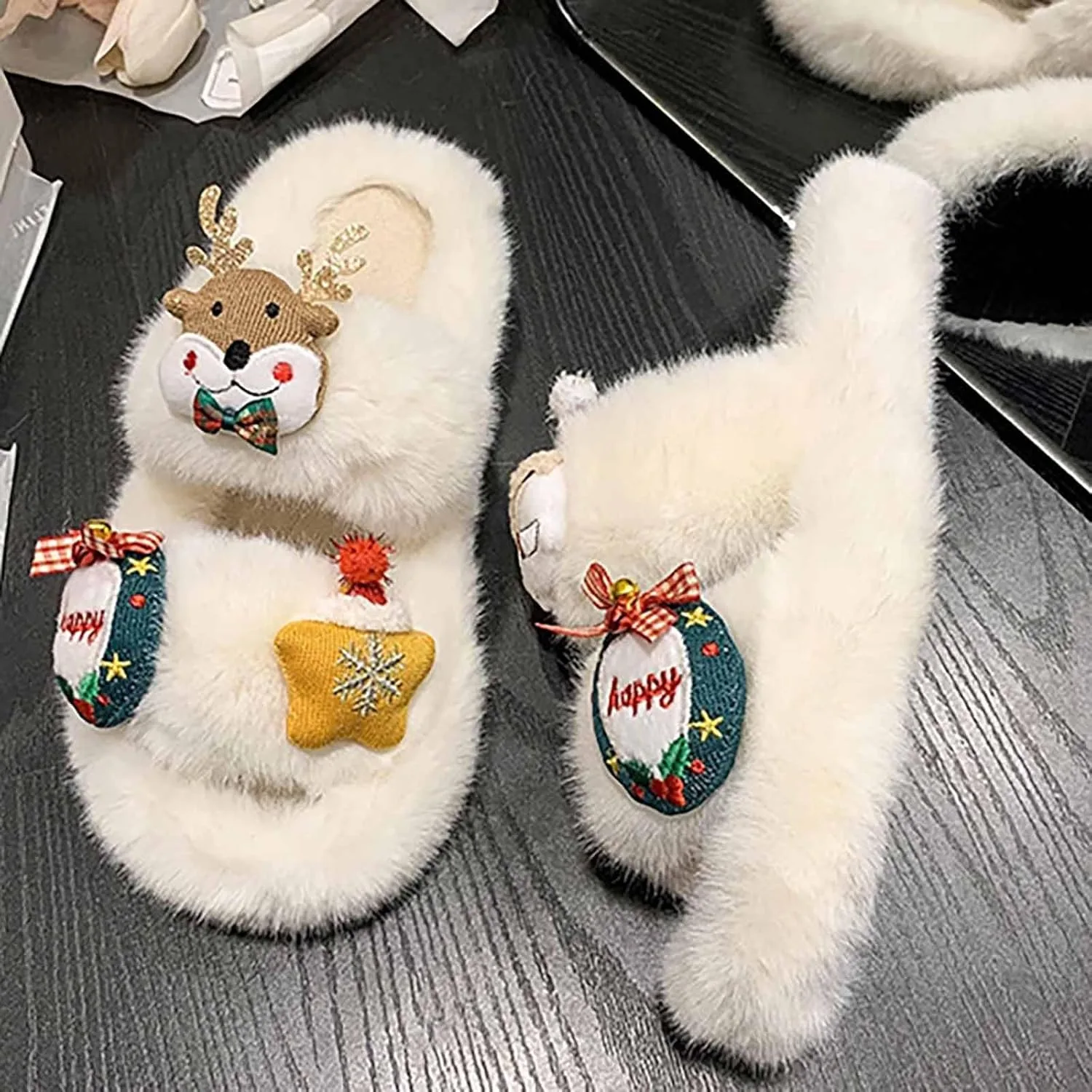 Мужские рождественские тапочки с лосями для дома и улицы, в анималистическом стиле, теплые, мягкие, на высокой платформе для комфорта, идеально подходят для празднования Рождества Generic, белый — фото 4