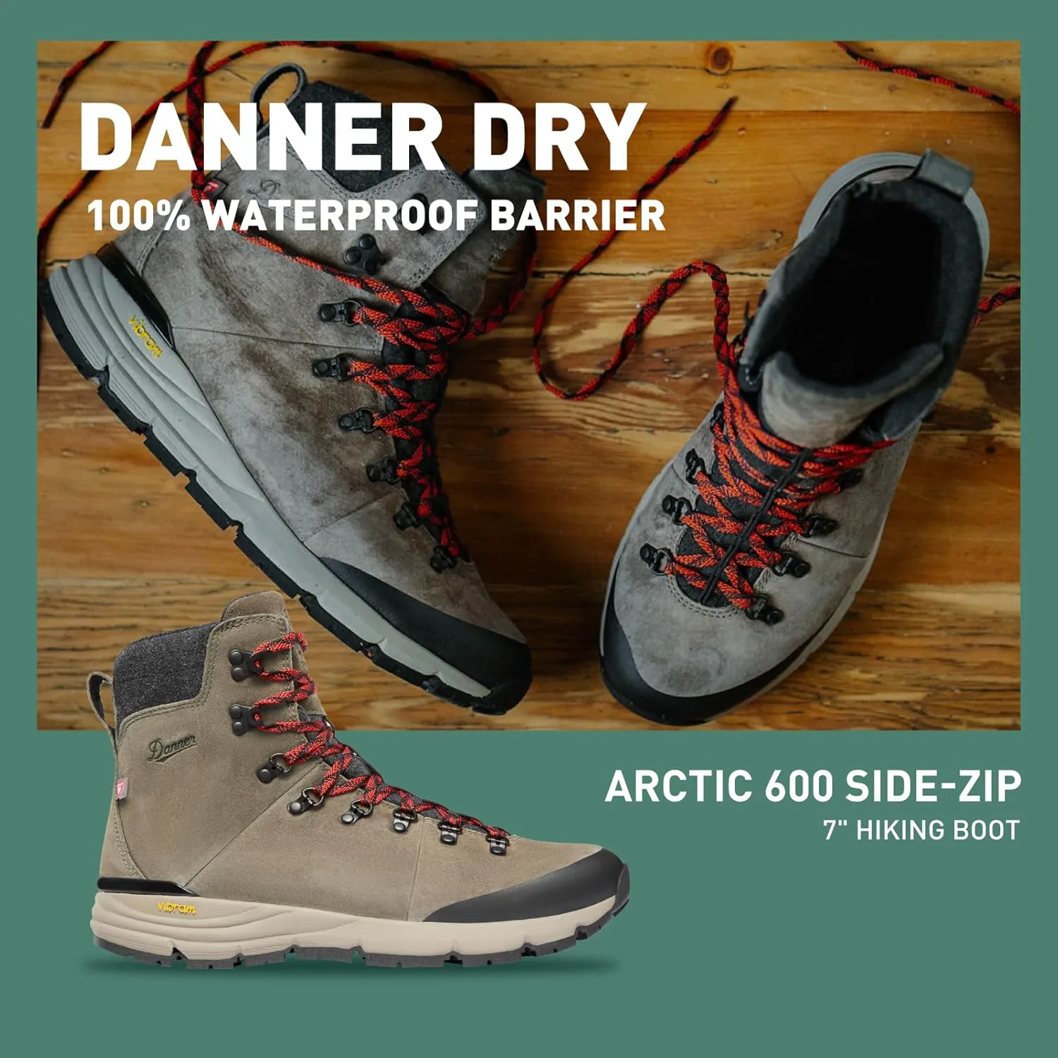 Мужские водонепроницаемые туристические ботинки Danner Arctic 600 Side-Zip 7" 200G, утепленные, прочные, для любых погодных условий, коричневый/красный — фото 2